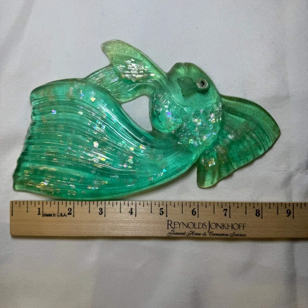 Vintage Green Resin Fish Wall Hanging Iridescent Confetti Nautical Decor 7in